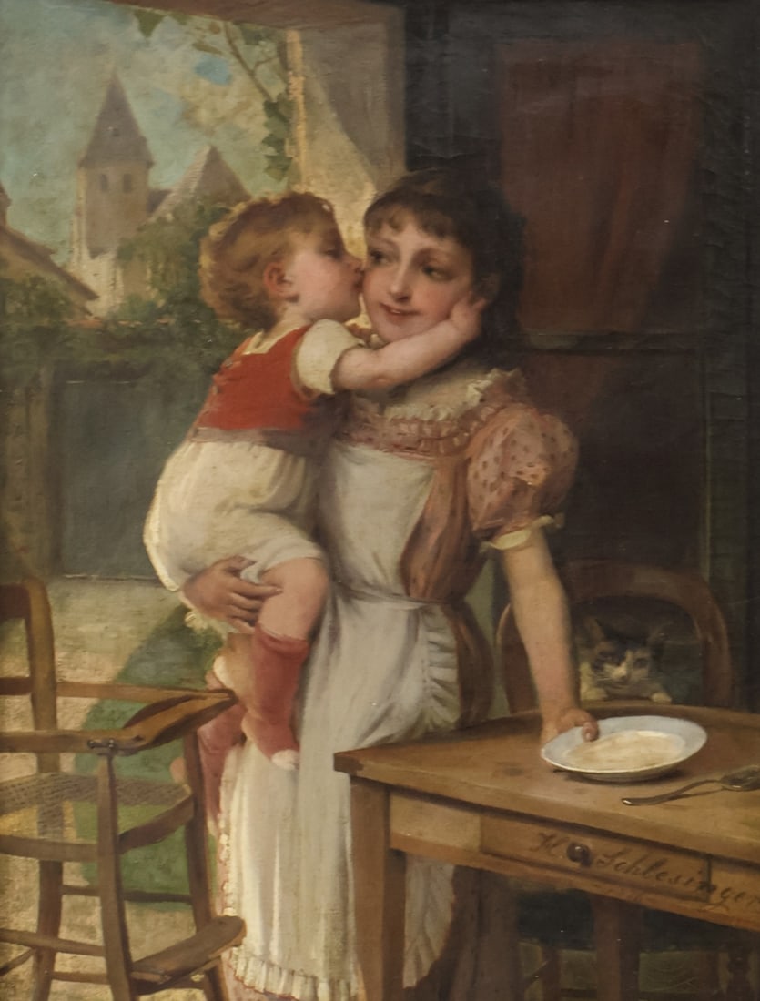 HENRIU-GUILLAUME SCHLESINGER (Germany, 1814-1893): "The Morning Kiss", Signed oil on canvas. From the estate of a 50+ year antique dealer specializing in decorative arts with an emphasis on opaline glass boxes. - Dimensions: canvas 18" x 14"