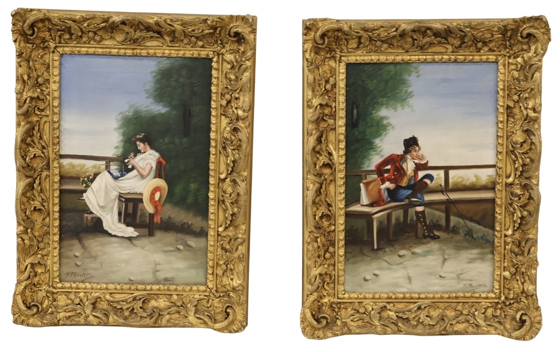 (2) F. MARTELLO Signed Oil Paintings.: Signed oil on canvases of Pensive lovers. From the estate of a 50+ year antique dealer specializing in decorative arts with an emphasis on Opaline glass boxes. - Dimensions: canvas 15.5" x 10.5"