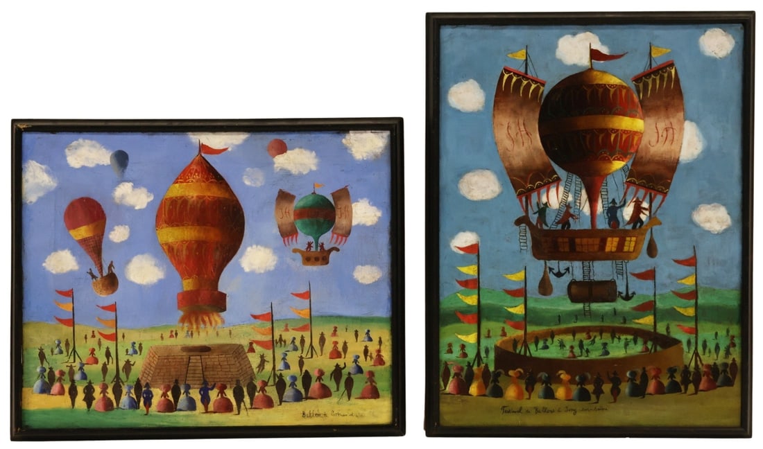 2 x UNSIGNED French Oil Balloon Paintings.: From the estate of a 50+ year antique dealer specializing in decorative arts with an emphasis on Opaline glass boxes. - Dimensions: oil on tin 28" x 21"; on canvas 20" x 2