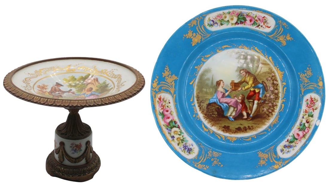 Sevres Porcelain Tazza and Charger.: Includes a Sevres porcelain bronze mounted tazza displaying a courting couple to the interior of the bowl, and a floral decorated stem with applied ribbon swags - inscribed, "Hand Painted Made in