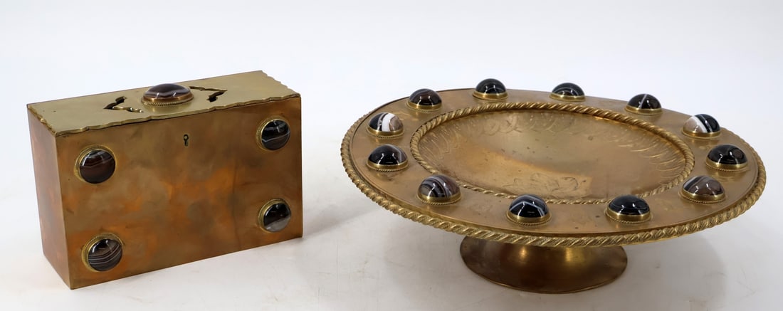 (2) Banded Agate and Brass Objects.: Including a pierced brass hinged lock box with banded agate stones throughout - stamped, "J. Brooks 16. Verne St. W." on the interior edge near locking system; and an engraved brass center b