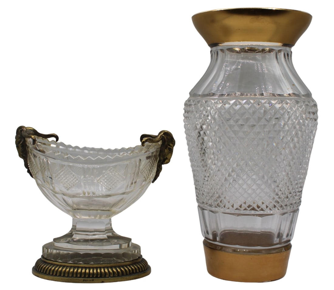 (2) Gilt Bronze and Cut Crystal Vessels.: Including a cut crystal tazza with gilt bronze rams head side accents and mounts - stamped, "Austria" on the bottom mounts; and a cut crystal vase with gilt bronze mounts with sharp carvings