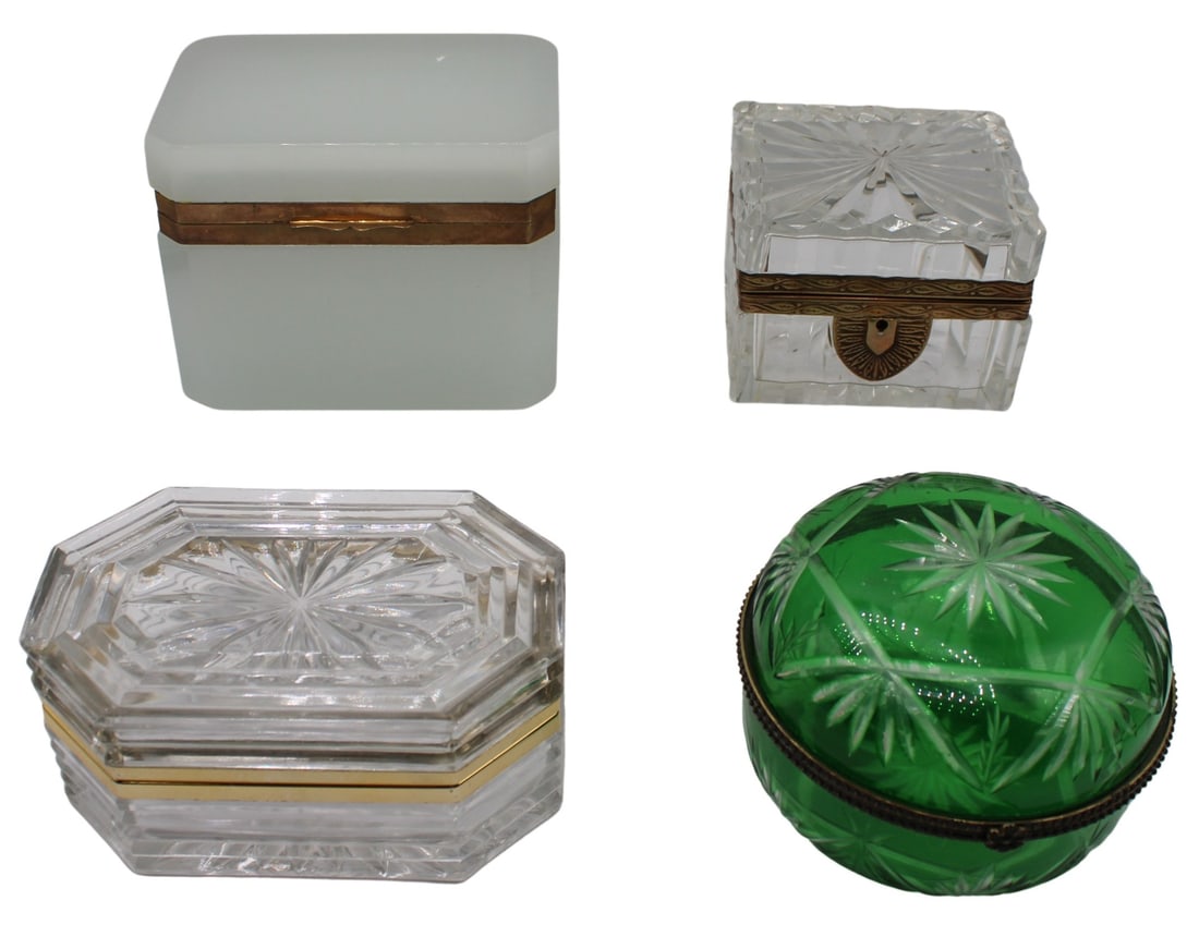 (4) Various Style Glass Boxes with Gilt Metal: Mounts. Including a green cut to clear glass box with gilt metal mounts and a floral front clasp; a scalloped crystal box with engraved gilt metal mounts and locking system; an octagonal form cut crys