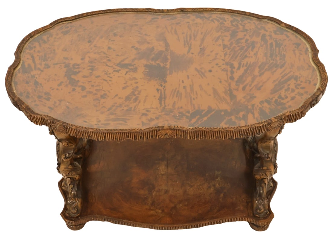 Antique Continental Carved Coffee Table with Faux: Shell Top. From the estate of a 50+ year antique dealer specializing in decorative arts with an emphasis on Opaline glass boxes. - Dimensions: 23" x 36" x 24".