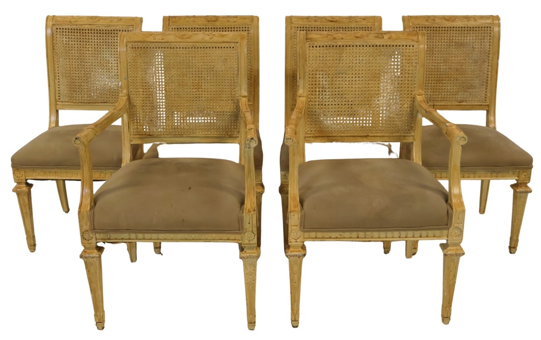 (6) Vintage Finely Carved & Caned Back Chairs.: Includes (1) armchairs, and (4) side chairs. From the estate of a 50+ year antique dealer specializing in decorative arts with an emphasis on Opaline glass boxes. 37" h x 19" x 22" d; a