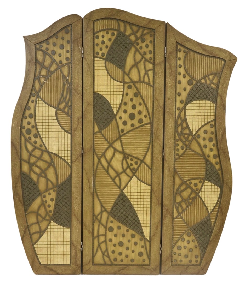 Art Deco 3 Panel Floor Screen.: From the estate of a 50+ year antique dealer specializing in decorative arts with an emphasis on Opaline glass boxes. - Dimensions: 84" x 68" x 1.25" d.