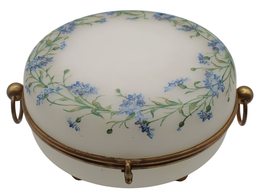 Large Round Opaline Glass Box with Painted Flowers (1 of 9)