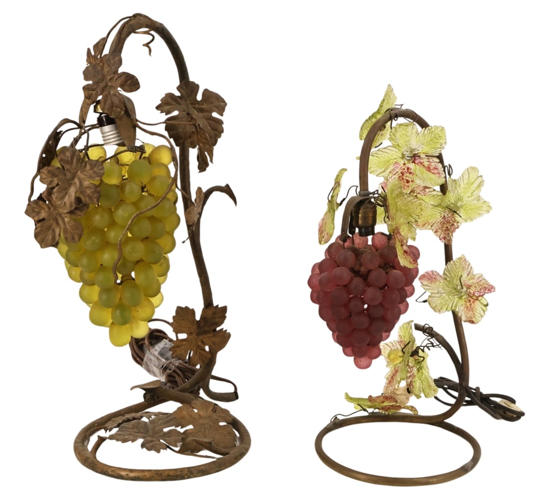 Midcentury Pair of Murano Glass Grape Cluster: Lamps. Good size with gilt metal frames and Murano grape cluster and leaves. From the estate of a 50+ year antique dealer specializing in decorative arts with an emphasis on Opaline glass boxes. - Dim