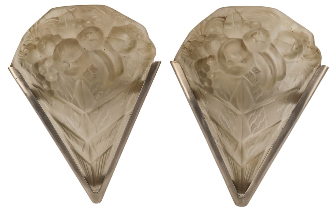 Pr of French Art Deco Frosted Glass Sconces.: Grape & fruit design to glass and chrome frames. From the estate of a 50+ year antique dealer specializing in decorative arts with an emphasis on Opaline glass boxes. - Dimensions: 12" x 9".