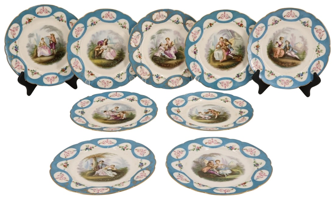 (9) SEVRES Paint Decorated Porcelain Plates.: (9) decorative plates marked en verso. From the estate of a 50+ year antique dealer specializing in decorative arts with an emphasis on Opaline glass boxes. - Dimensions: 9.25" in diameter.