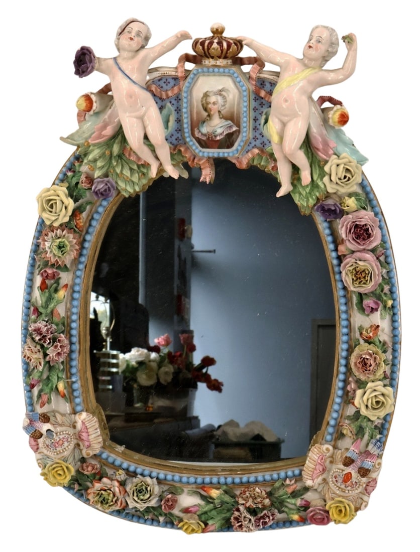 MEISSEN Ornate Porcelain Mirror with Flowers.: Magnificent mirror with Marie Antoinette plaque with crown surrounded by Cherubs. The frame adorned with flowers and birds. From the estate of a 50+ year antique dealer specializing in decorative