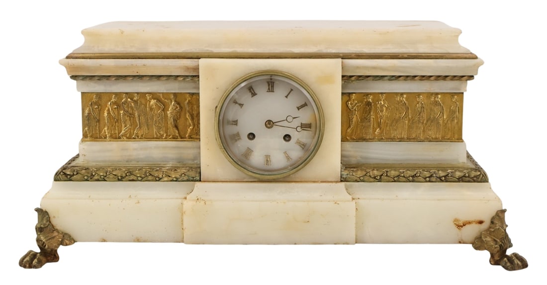 Large French Bronze Mounted Alabaster Clock.: Large size, signed Susse Paris on movement and with fine bronze mounts raised on bronze feet. From the estate of a 50+ year antique dealer specializing in decorative arts with an emphasis on Opaline