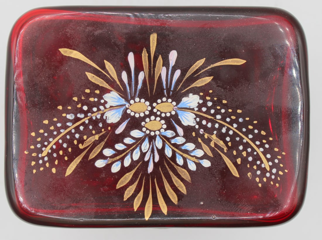 Enamel Decorated Ruby Red Glass Box. - 14