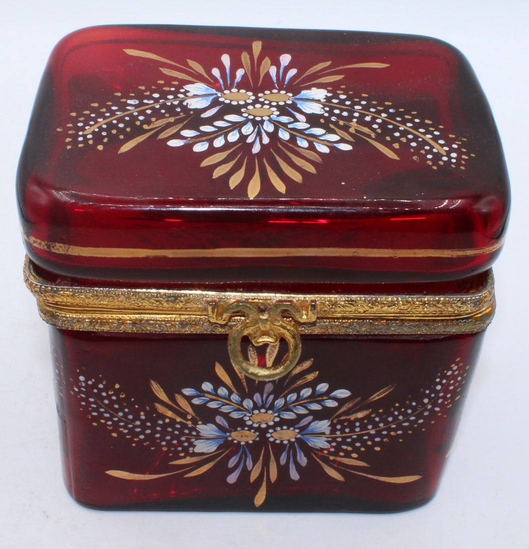 Enamel Decorated Ruby Red Glass Box. - 2
