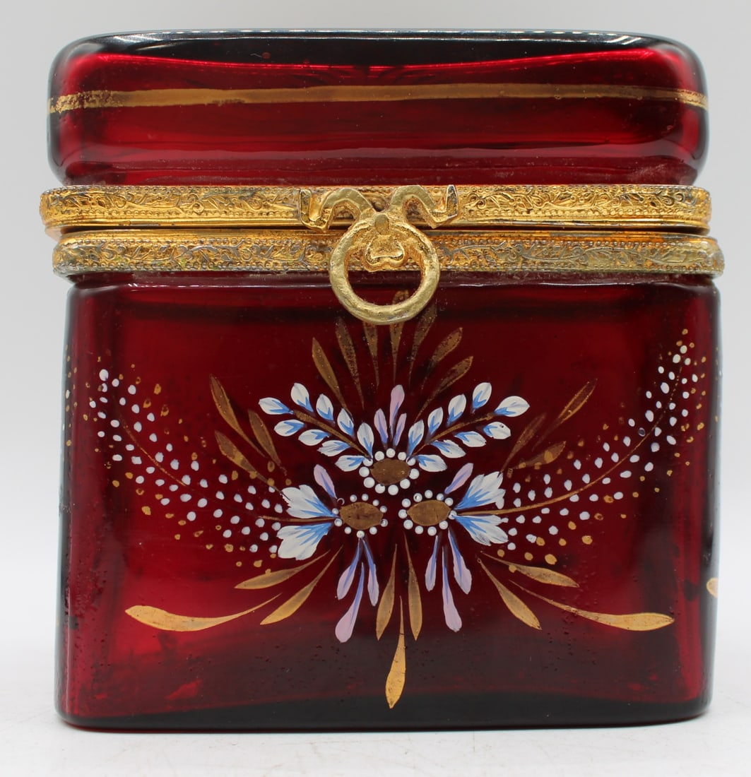 Enamel Decorated Ruby Red Glass Box. - 3