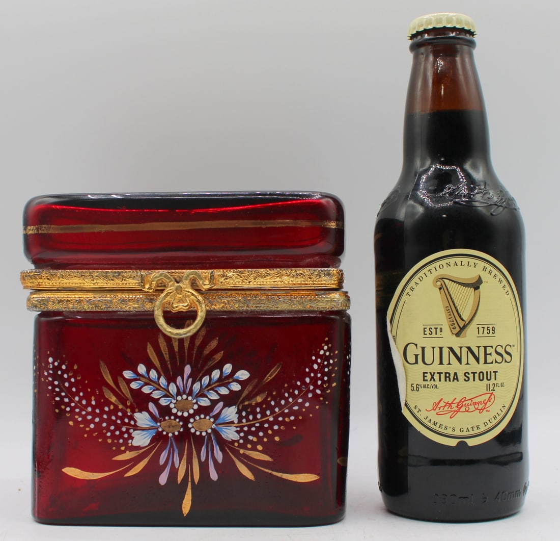 Enamel Decorated Ruby Red Glass Box. - 4