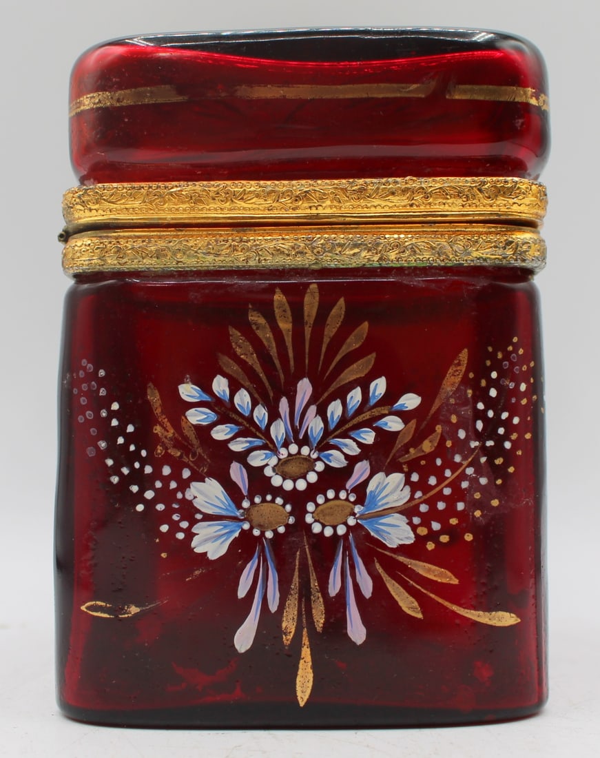 Enamel Decorated Ruby Red Glass Box. - 7