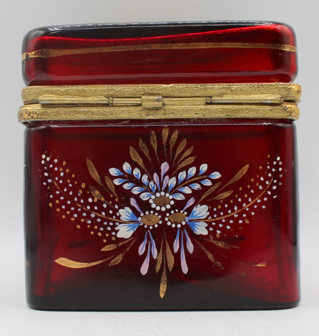 Enamel Decorated Ruby Red Glass Box. - 8