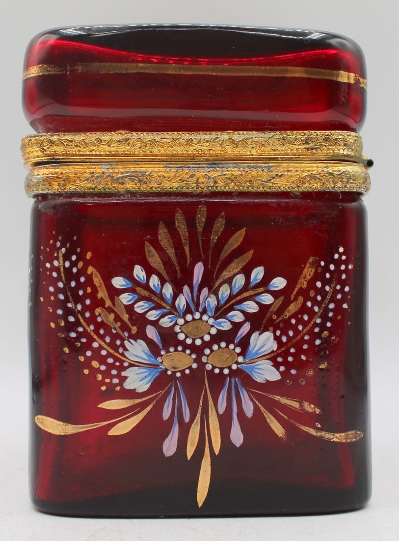 Enamel Decorated Ruby Red Glass Box. - 9
