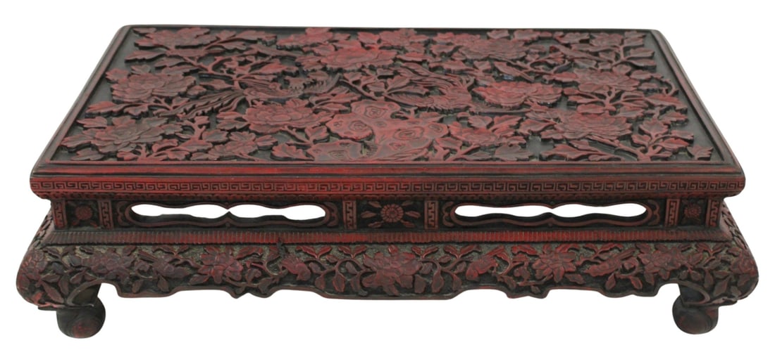 Antique Chinese Red Lacquered Carved Low Table.: Finely carved with floral decoration. From a Queens, NY estate.