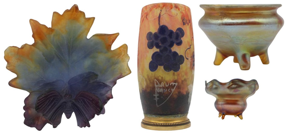 Assortment of (4) Art Glass Objects Inc. Tiffany.: Including a Dawn Nancy signed vase decorated in a hanging fruit & leaves motif with gilt metal mounts - stamped, "Jed Robj Bravete S.G.D.G 1174" on the underside mount; a Daum France sig