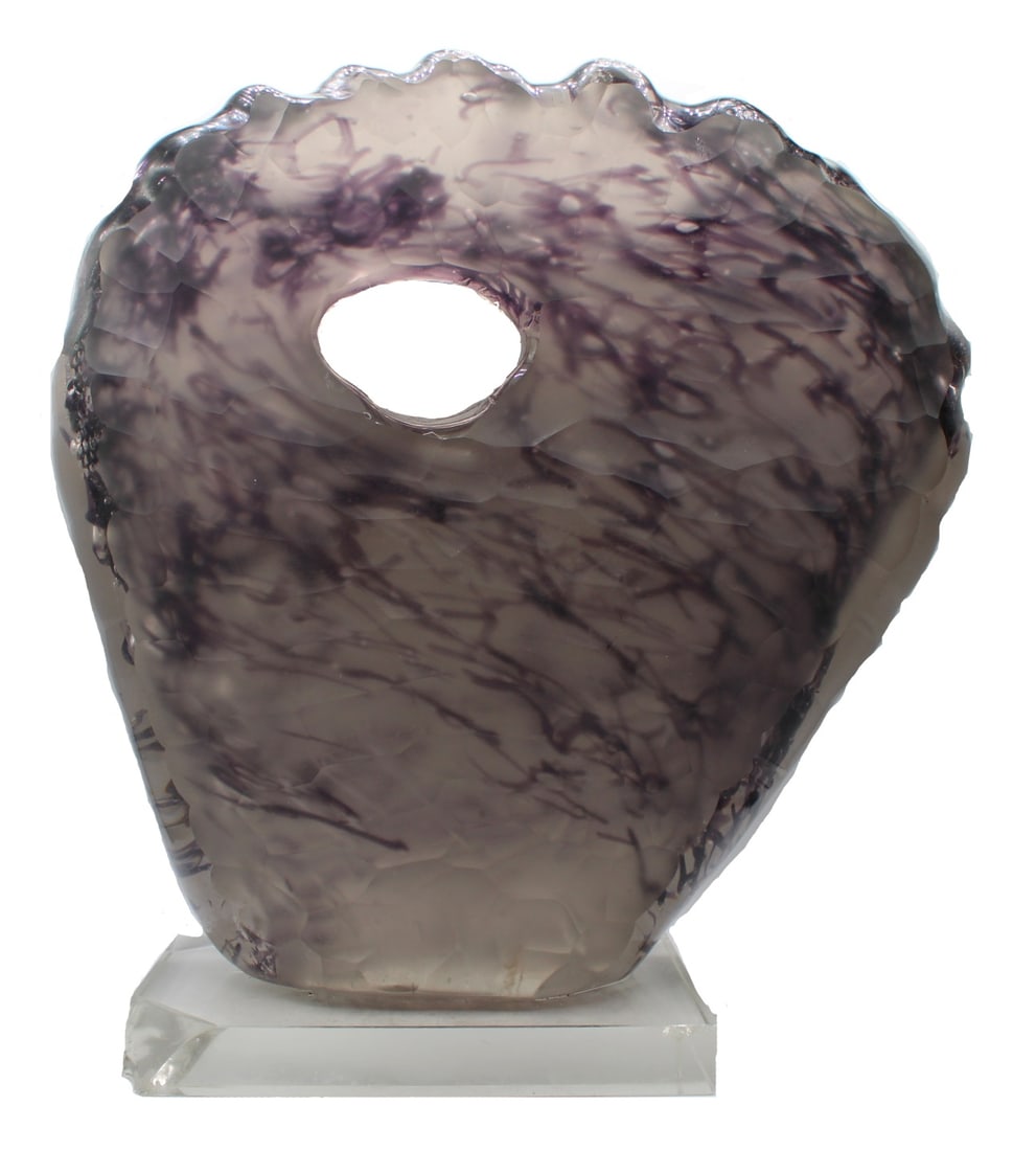 Abstract Clear and Purple Glass Sculpture.: Asymmetrical purple and clear class sculpture with a hole designed though the object. Chipped design on the front and back and clear on the sides. From the estate of a 50+ year antique dealer