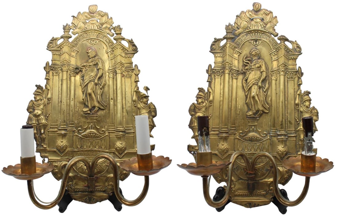 Pair of Brass Sconces Depicting Ancient Figures.: Pair of brass 2-arm sconces depicting 1 center figure guarded by two ancient soldiers. From the estate of a 50+ year antique dealer specializing in decorative arts with an emphasis on opaline glass