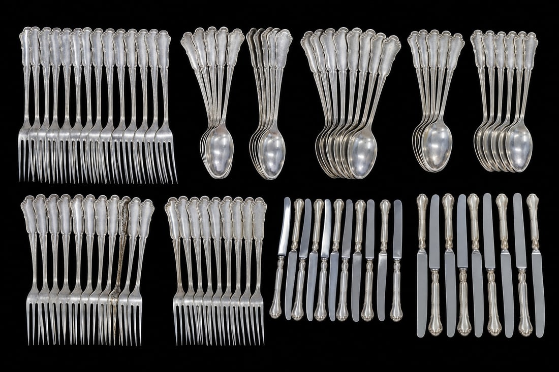 SILVER German .800 Silver Partial Flatware Service: A partial set of German Wilkens M.H. & Sohne of Hemelingen bei Bremen .800 silver flatware, comprised of (16) spoons - approx. 8 1/2"; (13) teaspoons - approx. 5 3/4"; (15) forks - appro