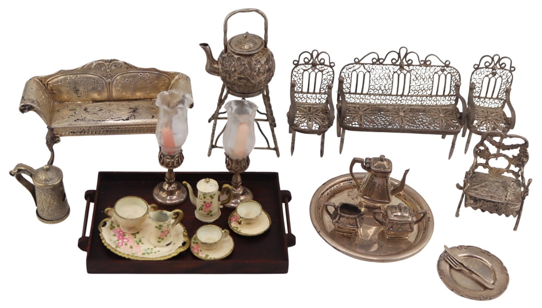 SILVER. Collection of Silver Miniature Objects.: Includes a 3 pc. filigree silver-tone suite of a settee and (2) armchairs; a German .800 silver silver chair with figural depictions to the seat - one finial to the arm is broken off; Chinese .950