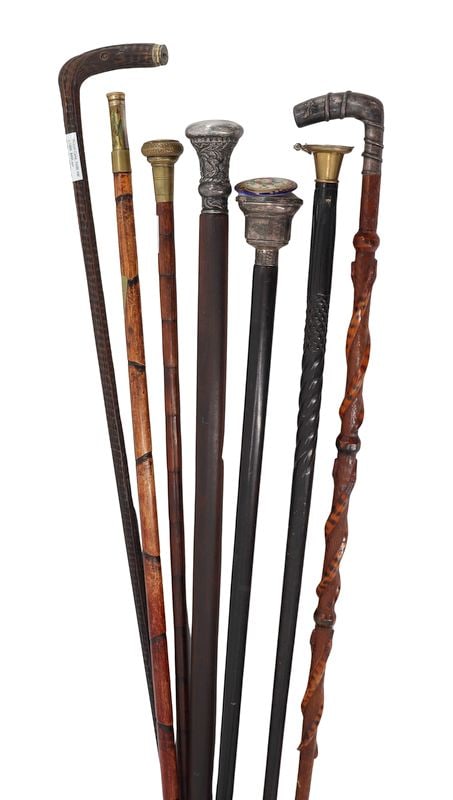 Collection of (5) Assorted Ladies System Canes.: Including a damaged French Marcel Franck "Le Kid" perfume atomizer cane (void of several decorative mother-of-pearl panels and with a crushed ferrule) - approx. 38.25" in length; a