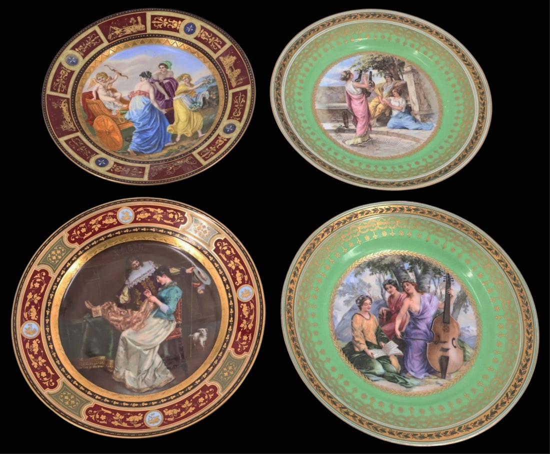 (4) Royal Vienna Signed Porcelain Plates.: Lot of (4) plates,some artist signed and all with Vienna mark. From the estate of a 50+ year antique dealer specializing in decorative arts with an emphasis on Opaline glass boxes. - Dimensions: 9.5" 