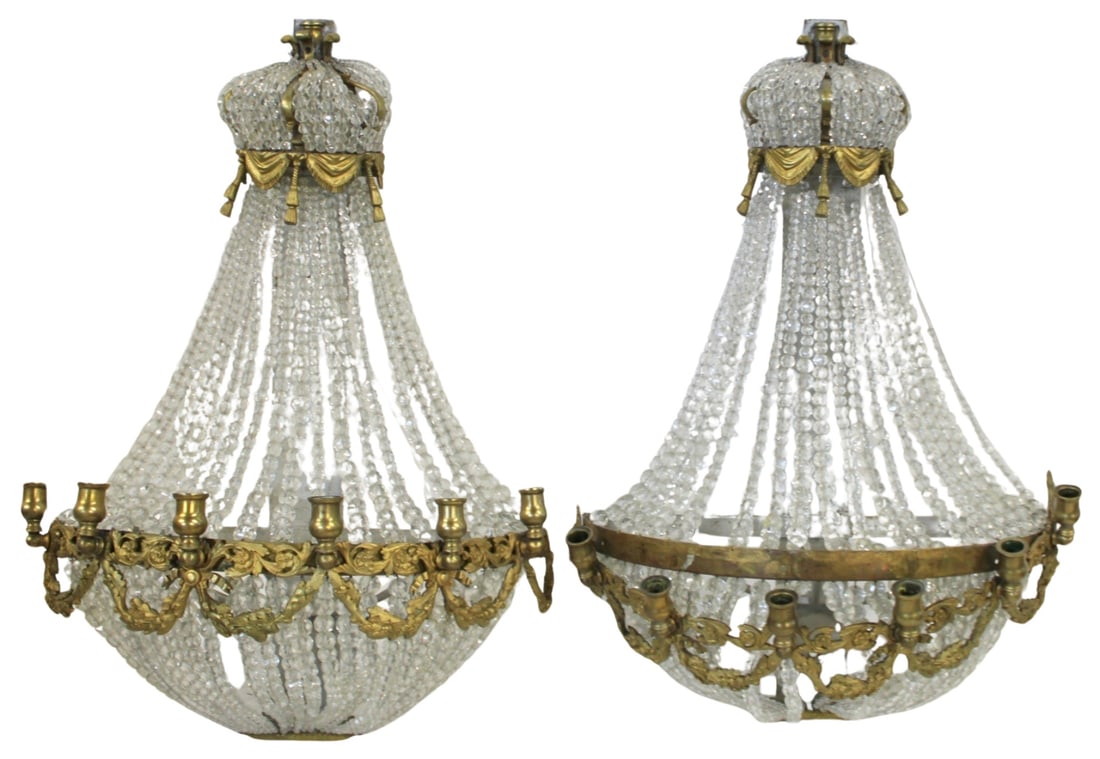 Large & Impressive Pair of Bronze Beaded Balloon: Form Sconces. The best of quality and very large. The gilt bronze frame with swag ribbon and other decorations. From the estate of a 50+ year antique dealer specializing in decorative arts with an emp
