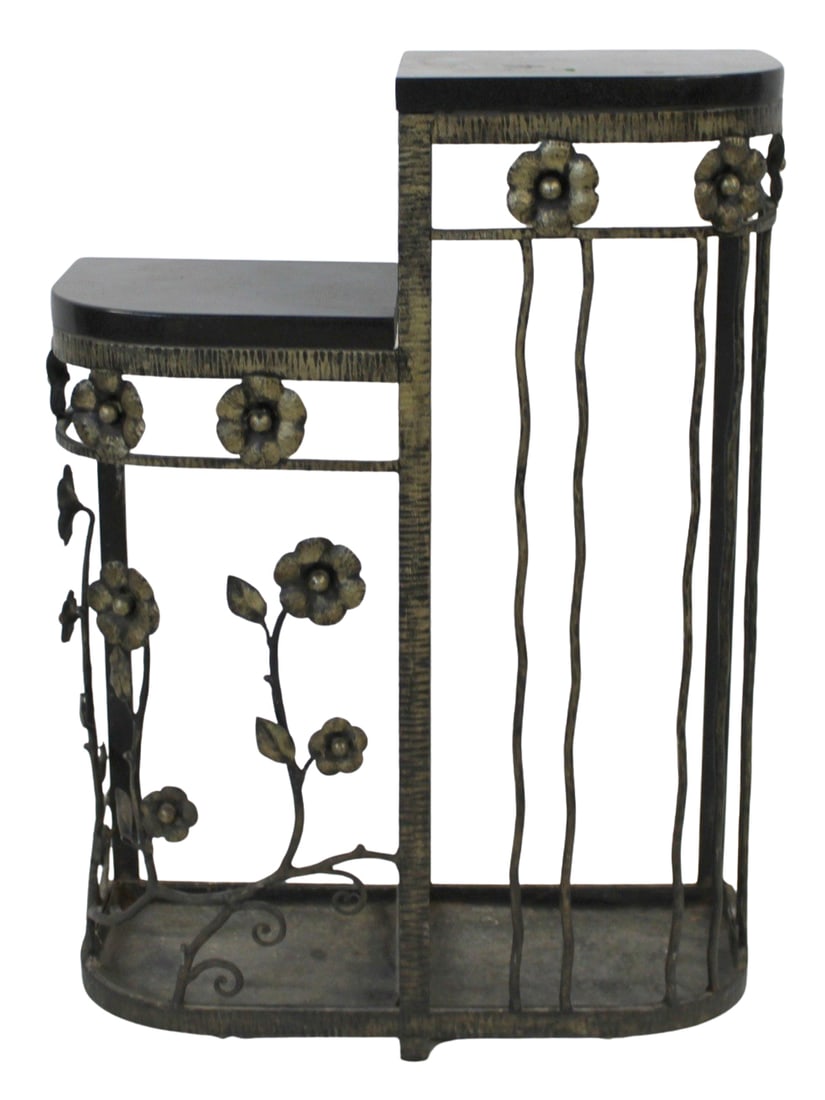Art Deco Iron Stepped Stand with Stone Top.: Nice period art deco stand with etched and patinated metal and black stone tops. From the estate of a 50+ year antique dealer specializing in decorative arts with an emphasis on opaline glass boxes. -