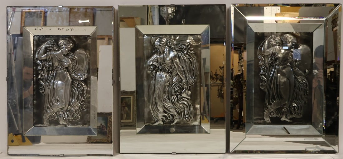 (3) Midcentury Framed Mirror Reliefs.: Beautiful depicted framed mirror reliefs of the three graces. From the estate of a 50+ year antique dealer specializing in decorative arts with an emphasis on Opaline glass boxes. - Dimensions: 28" x2