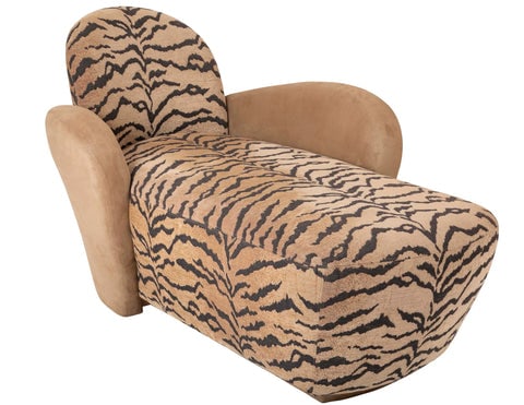Midcentury Sofa/Chaise in Suede Leather & Tiger.: A midcentury sofa/chaise lounge in suede leather and tiger fabric. Circa 1970's. From the estate of a 50+ year antique dealer specializing in decorative arts with an emphasis on opaline glass boxes.