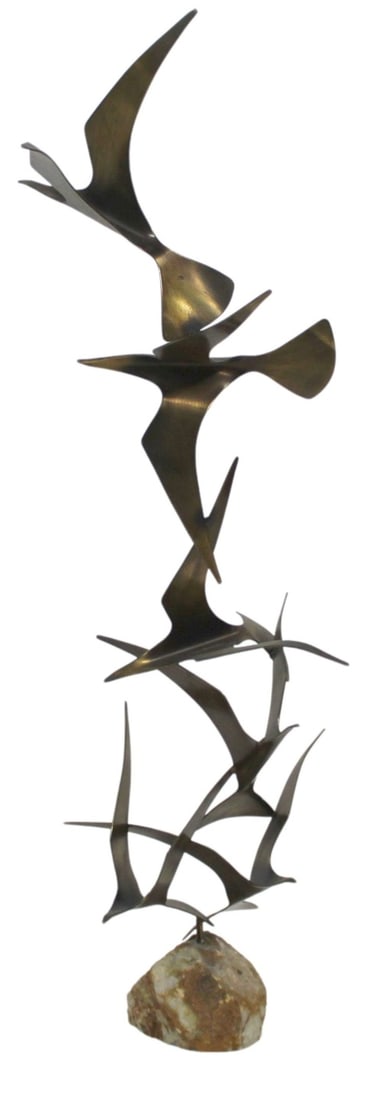 CURTIS JERE (AMERICAN, 1910-2008).: Metal sculpture is of multiple birds attached to a rock base with a singular peg. Signed, C. Jere 1980. From the estate of a 50+ year antique dealer specializing in decorative arts with an emphasis on