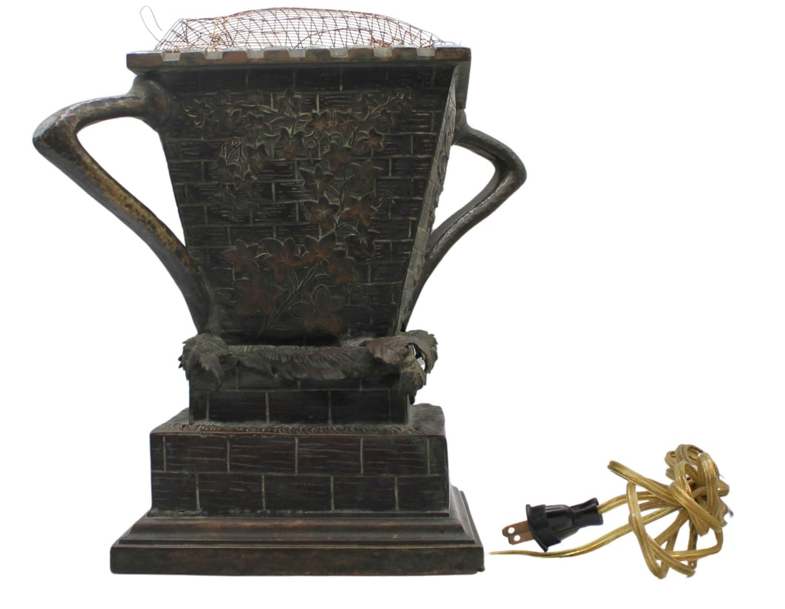 Copper Square Edge Form Lamp.: Square top copper lamp is decorated with (2) handles, leaves and vines throughout. From the estate of a 50+ year antique dealer specializing in decorative arts with an emphasis on opaline glass boxes.