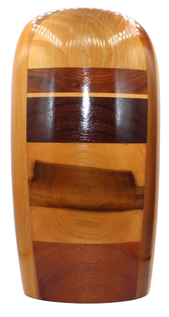 Paul La Montagne Wood Vase.: Oval form wood vase with multiple species of wood showing multiple colors throughout - signed, "La Montagne" on the underside. From the estate of a 50+ year antique dealer specializing in de