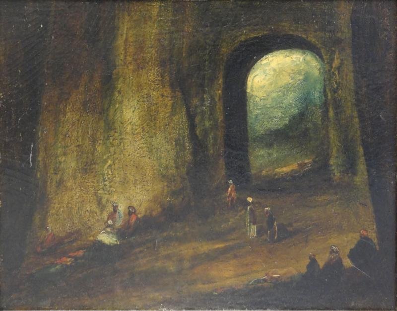 Orientalist Oil on Board Landscape of Figures in a: Cave. Unsigned, old paper label verso inscribed "Randall D..." From a Mt. Vernon, NY estate. Dimensions: 13.5" high x 18.25" wide. Condition: Craquelure, surface grime, darkened varnish.