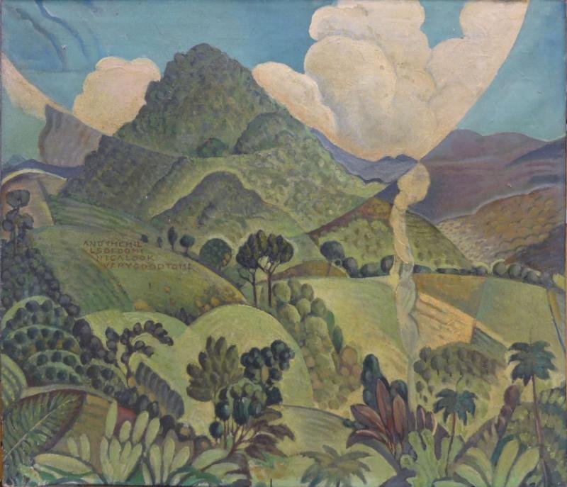 HAWEIS, Stephen. Oil on Canvas Landscape "And The: Hills of Dominica Look Very Good To Me." Unsigned. Old label with ink inscription verso reads: "Painted by Stephen Haweis given to Polly Steele to R.... Beecher Stowe as a Wedding Present." Stephen (H