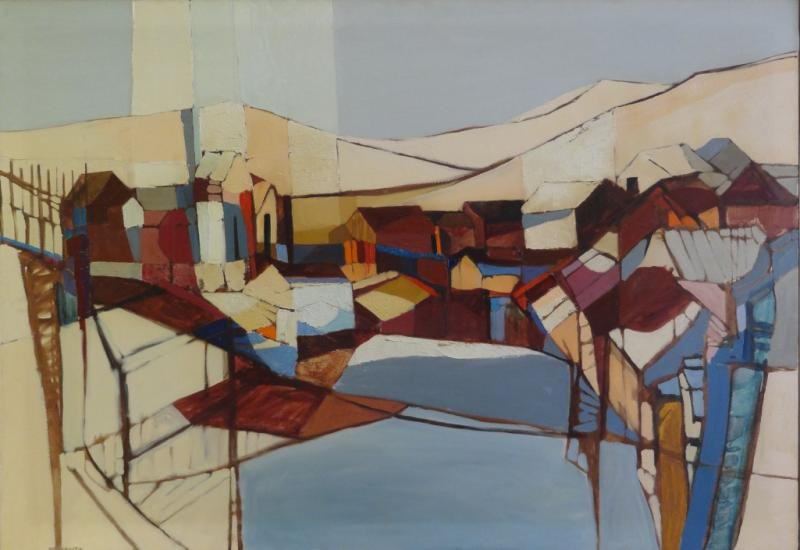 MOSKOWITZ, Robert. Oil on Canvas Modernist Harbor.: Signed lower left. Robert S. Moskowitz, American - New York, b. 1935. From an East 86th St NYC apartment. Dimensions: 48" high x 72" wide. Condition: Good, some areas of craquelure.