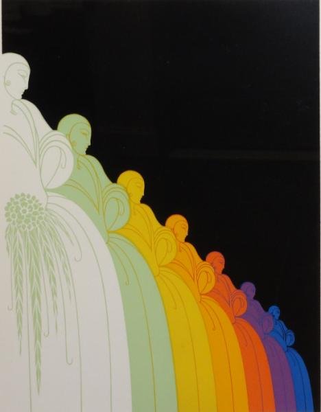 ERTE. Pencil Signed Serigraph "Les Jolie Dames.": Pencil signed lower right, numbered 236/300 lower left. Circle Gallery label verso. From a Bronxville, NY home. Dimensions: Image - 17.75" high x 13.25" wide. Condition: Good, not examined out of fram