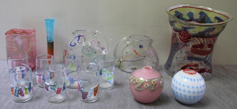 Contemporary or Modern Glass Lot.: Includes two pitchers engraved R.P.M. Studios, and 6 unmarked tumblers; a geometric cut back pink vase signed J. Byron '93; an internally decorated vase inscribed K. Walton; a spherical vase with blue