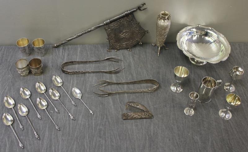 STERLING. Lot of Antique and Vintage Asian Silver: and Silverplate. Most items marked. Includes 9 spoons; a footed vase; a pedestal bowl; 2 tongs; a small dragon comb; 9 small cups of various shapes, sizes and design; and a flag. Total weight is appro