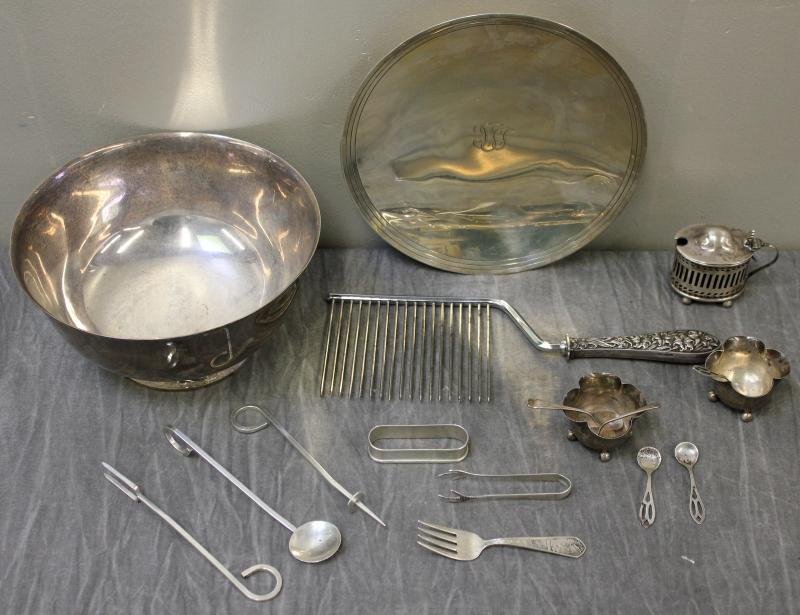 STERLING. Flatware and Hollowware Lot.: Includes a Tiffany & Co. pedestal tray, a floral cake server with sterling handle, an English sterling mustard pot with cobalt liner by William Hutton & Sons circa 1903, a Tiffany & Co. pedestal bowl,