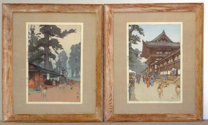 YOSHIDA, Hiroshi. Two Color Woodblock Prints.: "Way to Sasuga Shrine" - pencil signed lower right, 14.75" high x 9.75" wide. "Daibutsu Temple Gate" - pencil signed lower right, 14.5" high x 9.75" wide. Hiroshi Yoshida, Japanese, 1876 - 1950. Condi
