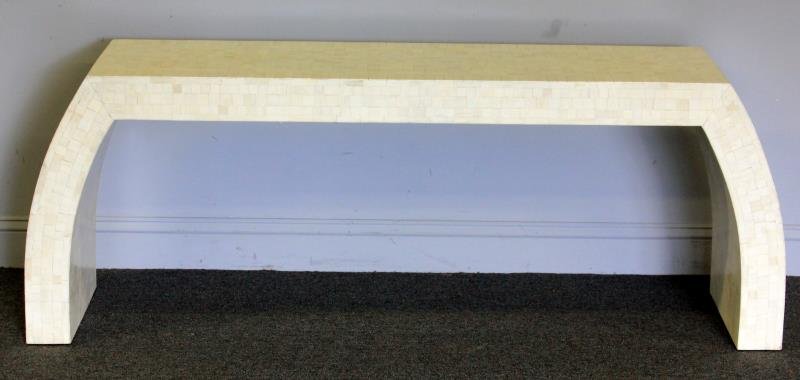 Midcentury Maitland Smith Tessellated Console.: White horn and brass inlaid. From a Woodhaven, NY estate. Dimensions: 55.5" wide x 23.5" deep x 29" high.