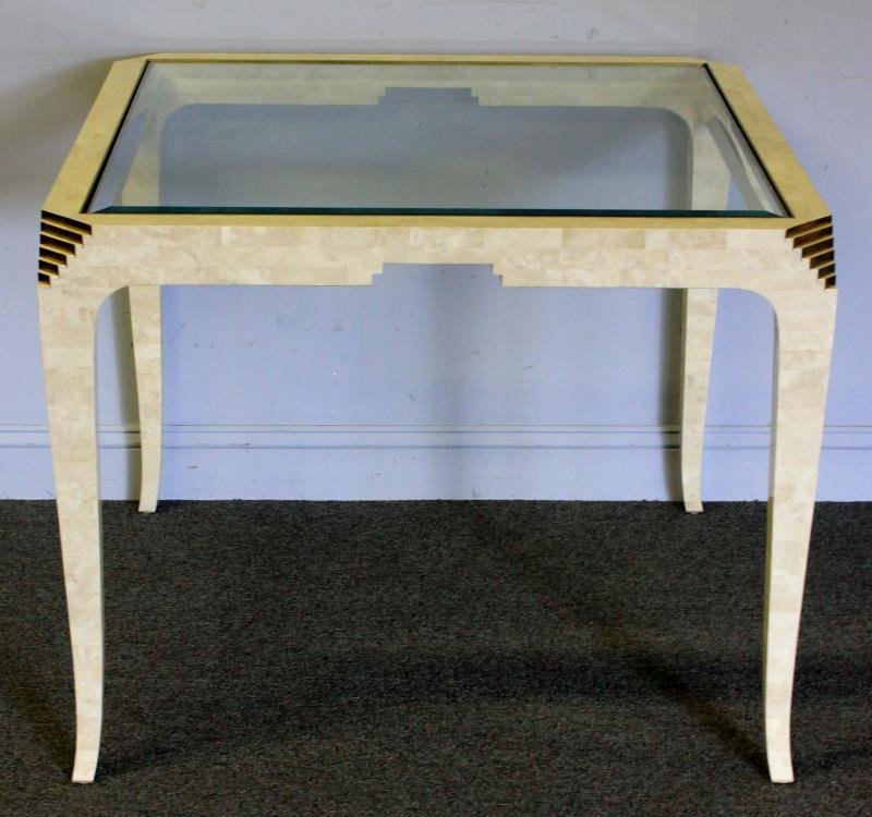 Midcentury Maitland Smith Glass Top Game Table.: With ziggurat form corners. From a Woodhaven, NY estate. Dimensions: 38" wide x 38" deep x 30" high.
