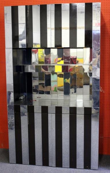 Paul Evans Midcentury Tall Cabinet with Bar.: With chrome and black lacquer stripe design and recessed center and chrome striped interior shelf. Two door atop and two door below. From an Englewood, NJ estate. Dimensions: 52" w x 20.5" d x 91" h.