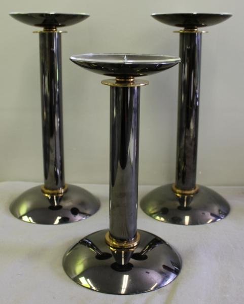 Karl Springer Midcentury Lot of Pricket Sticks.: Includes 3 steel and brass pricket sticks - a pair and one single. From an East 23 St NYC estate. Dimensions: pair - 15.75" h, single - 12.75" h.